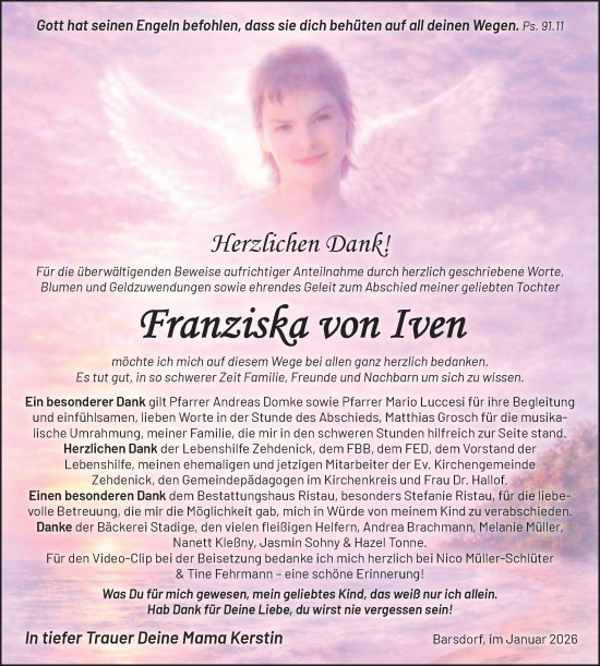 Traueranzeige von Franziska von Iven von Märkische Oderzeitung