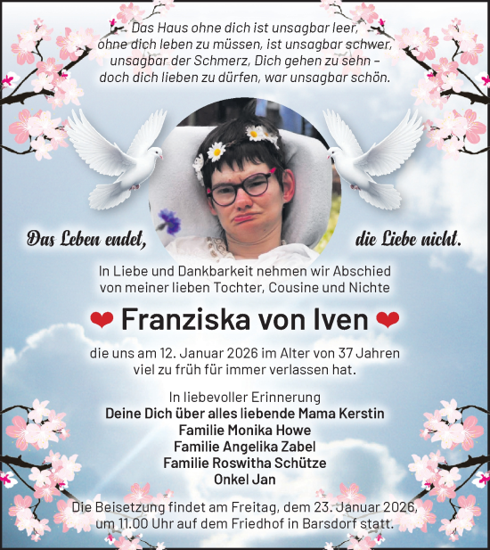 Traueranzeige von Franziska von Iven von Märkische Oderzeitung