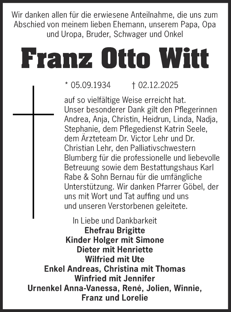  Traueranzeige für Franz Otto Witt vom 09.01.2026 aus MO Uckerm.-Anz.