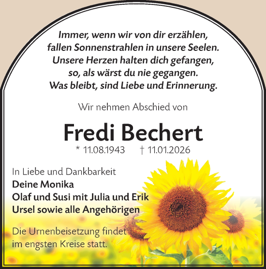Traueranzeige von Fredi Bechert von Märkische Oderzeitung