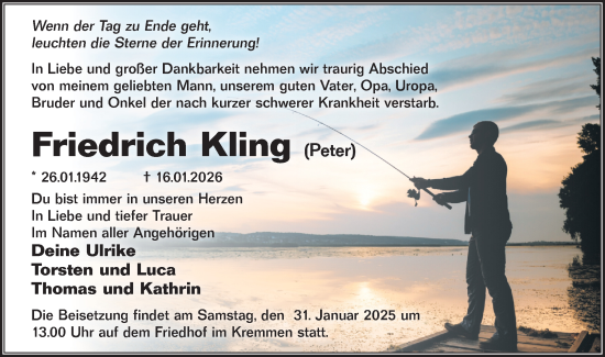 Traueranzeige von Friedrich Kling von Märkische Oderzeitung