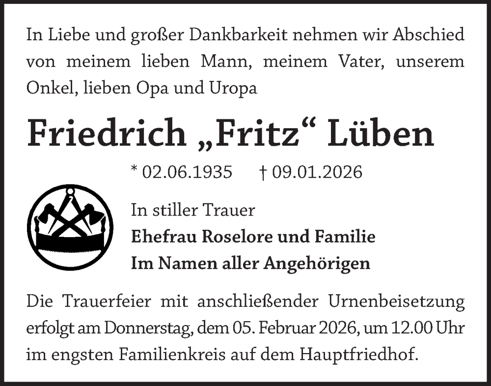  Traueranzeige für Friedrich Lüben vom 24.01.2026 aus Märkische Oderzeitung