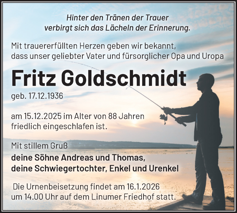  Traueranzeige für Fritz Goldschmidt vom 03.01.2026 aus Märkische Oderzeitung