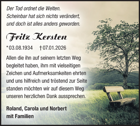 Traueranzeige von Fritz Kersten von Märkische Oderzeitung