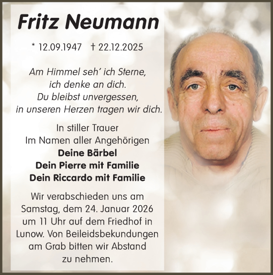 Traueranzeige von Fritz Neumann von Märkische Oderzeitung