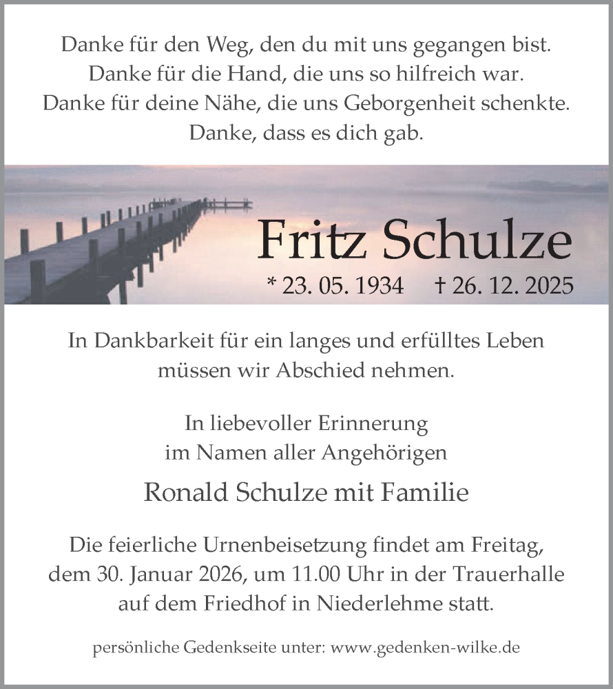 Traueranzeige für Fritz Schulze vom 10.01.2026 aus Blickpunkt Königs Wusterhausen