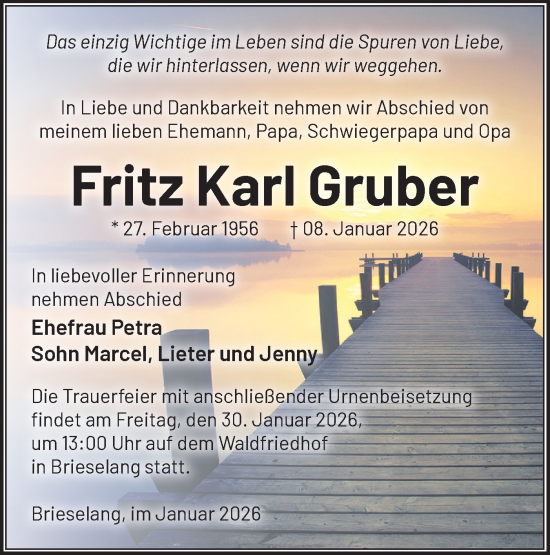 Traueranzeige von Fritz Karl Gruber von Märkische Oderzeitung