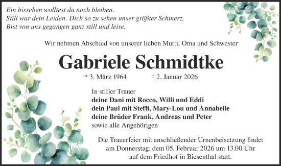 Traueranzeige von Gabriele Schmidtke von Märkische Oderzeitung