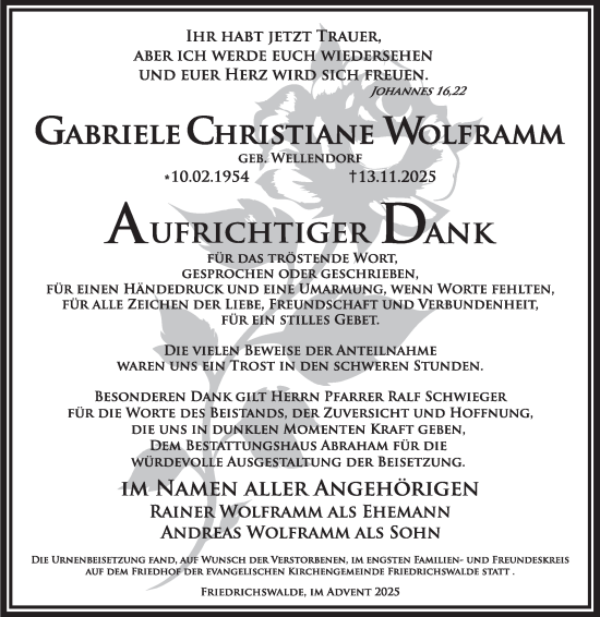 Traueranzeige von Gabriele Christiane Wolframm von Märkische Oderzeitung