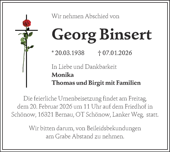 Traueranzeige von Georg Binsert von Märkische Oderzeitung