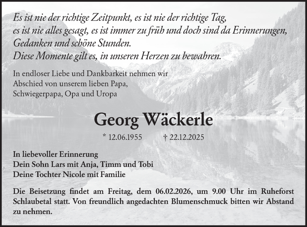  Traueranzeige für Georg Wäckerle vom 17.01.2026 aus Märkische Oderzeitung