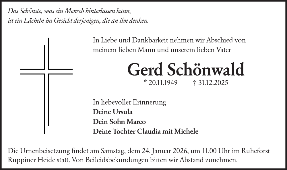  Traueranzeige für Gerd Schönwald vom 10.01.2026 aus Märkische Oderzeitung