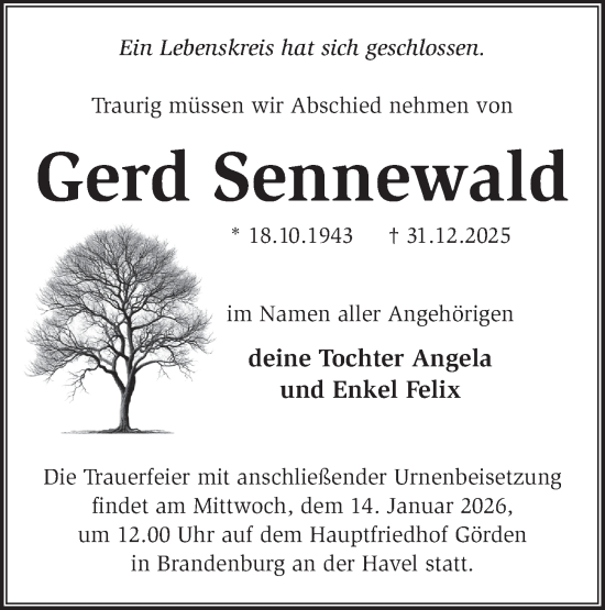 Traueranzeige von Gerd Sennewald von Märkische Oderzeitung