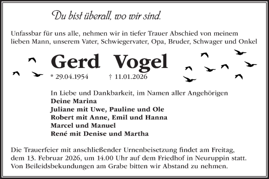Traueranzeige von Gerd Vogel von Märkische Oderzeitung