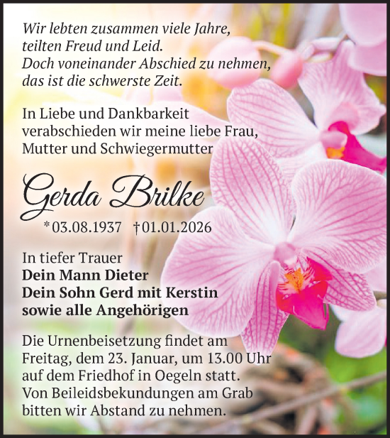 Traueranzeige von Gerda Brilke von Märkische Oderzeitung