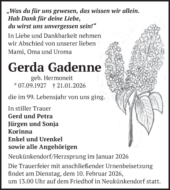 Traueranzeige von Gerda Gadenne von MO Uckerm.-Anz.