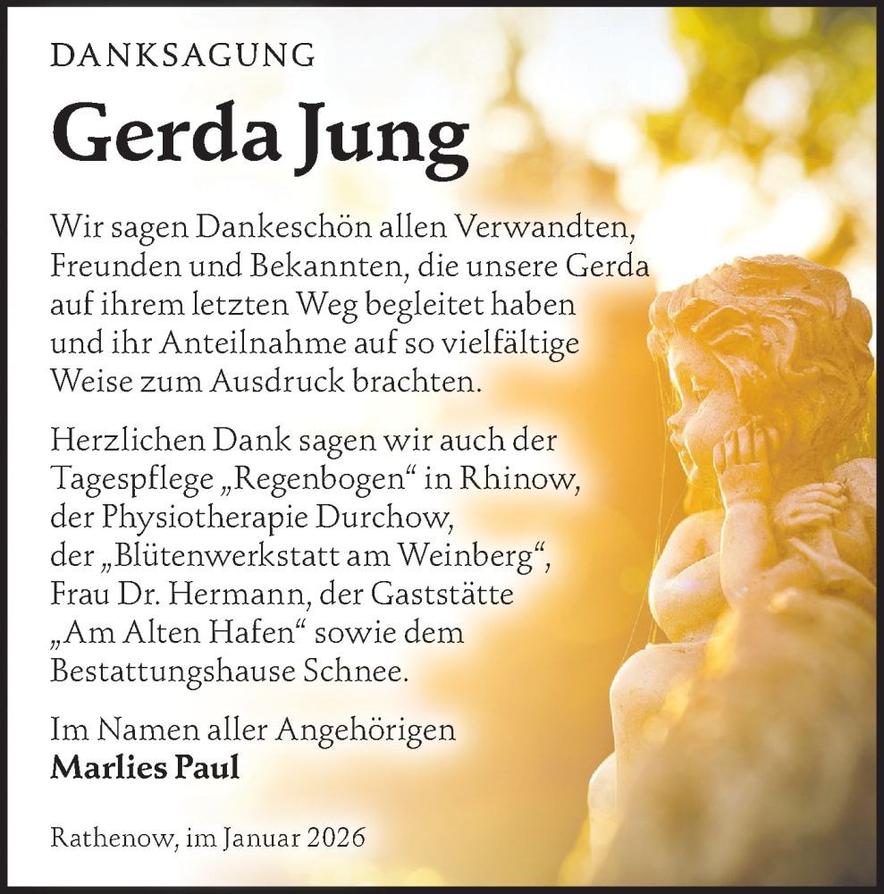  Traueranzeige für Gerda Jung vom 31.01.2026 aus Märkische Oderzeitung