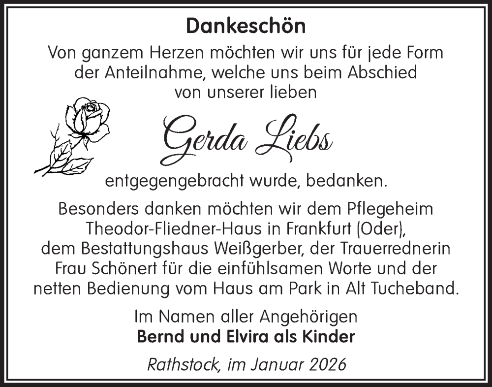  Traueranzeige für Gerda Liebs vom 31.01.2026 aus MO Oderld.-Echo