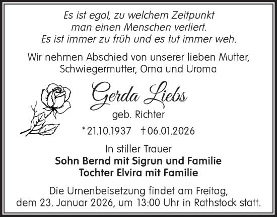 Traueranzeige von Gerda Liebs von MO Oderld.-Echo