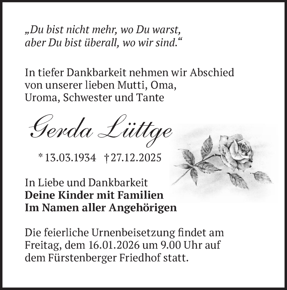  Traueranzeige für Gerda Lüttge vom 10.01.2026 aus Märkische Oderzeitung