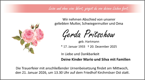 Traueranzeige von Gerda Pritschow von Märkische Oderzeitung