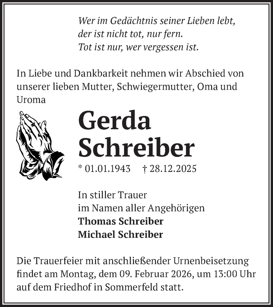  Traueranzeige für Gerda Schreiber vom 31.01.2026 aus Märkische Oderzeitung