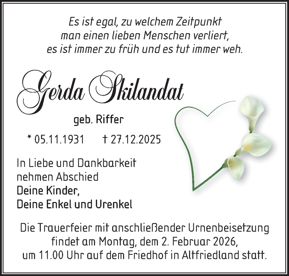  Traueranzeige für Gerda Skilandat vom 17.01.2026 aus Märkische Oderzeitung