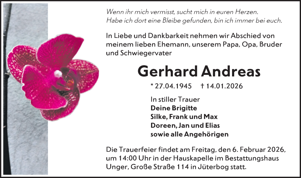  Traueranzeige für Gerhard Andreas vom 24.01.2026 aus Blickpunkt Jüterbog/Luckenwalde