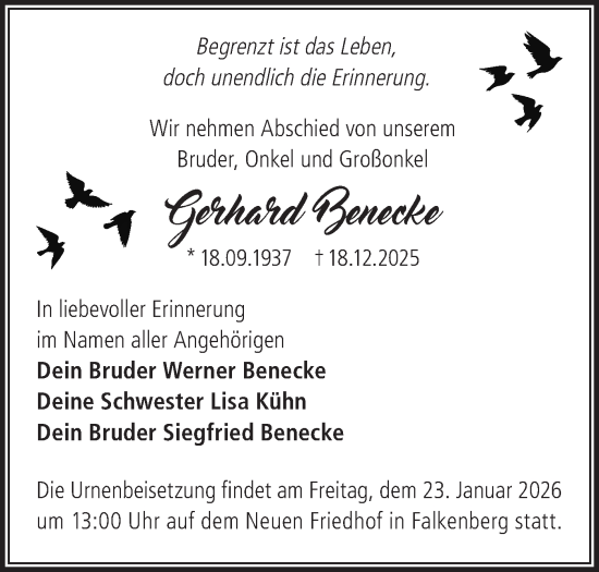Traueranzeige von Gerhard Benecke von MO Oderld.-Echo