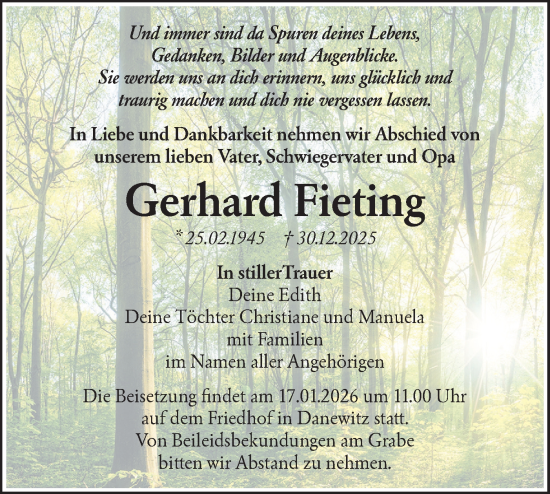 Traueranzeige von Gerhard Fieting von Märkische Oderzeitung