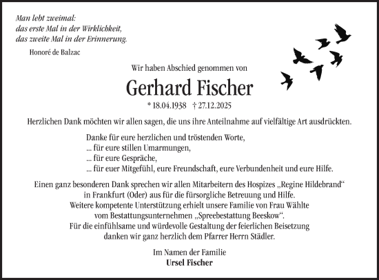 Traueranzeige von Gerhard Fischer von Märkische Oderzeitung