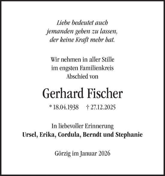 Traueranzeige von Gerhard Fischer von Märkische Oderzeitung