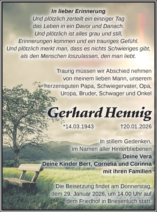Traueranzeige von Gerhard Hennig von Märkische Oderzeitung