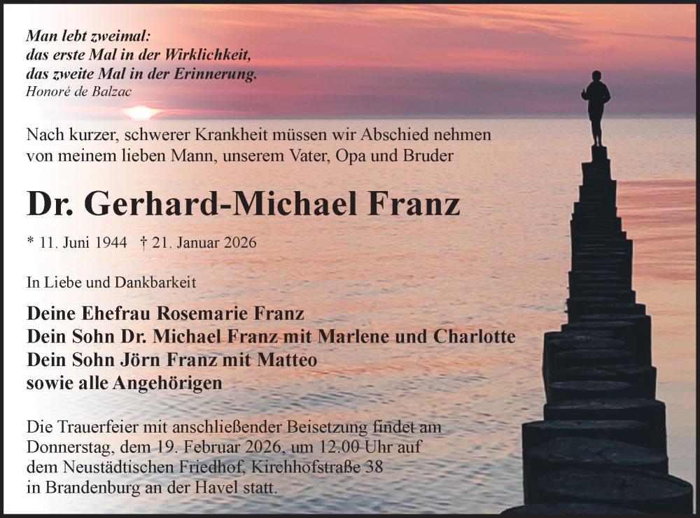  Traueranzeige für Gerhard-Michael Franz vom 31.01.2026 aus Märkische Oderzeitung
