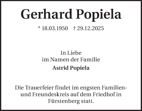 Traueranzeige von Gerhard Popiela von Märkische Oderzeitung