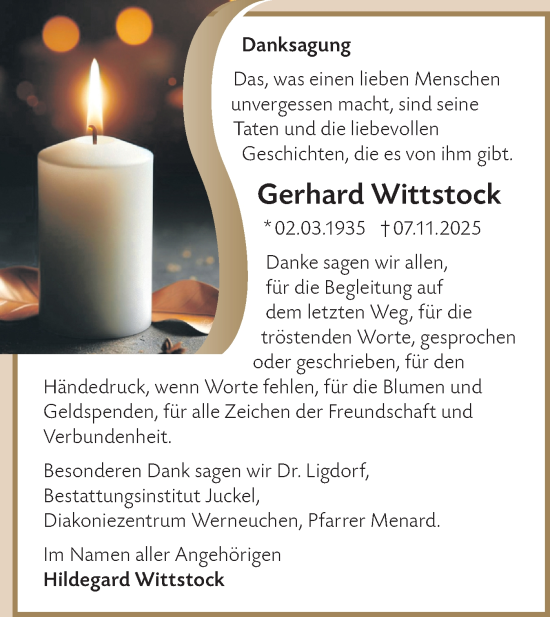 Traueranzeige von Gerhard Wittstock von Märkische Oderzeitung