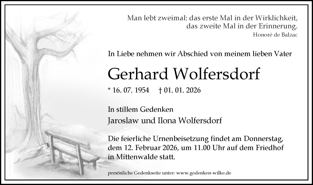  Traueranzeige für Gerhard Wolfersdorf vom 17.01.2026 aus Blickpunkt Königs Wusterhausen