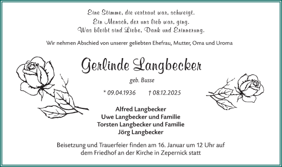 Traueranzeige von Gerlinde Langbecker von Märkische Oderzeitung