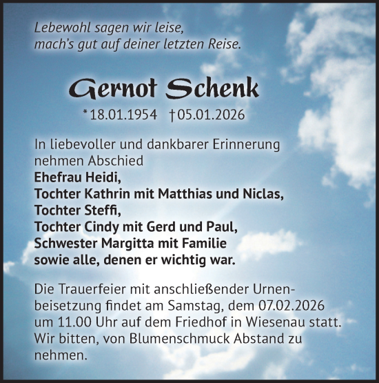 Traueranzeige von Gernot Schenk von Märkische Oderzeitung