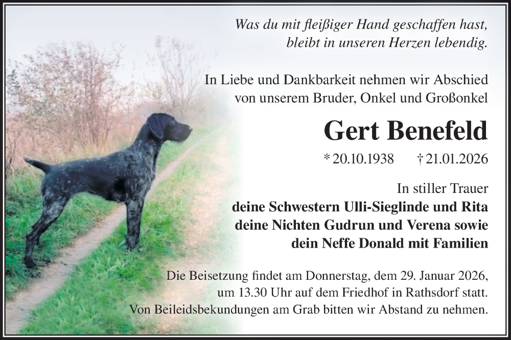  Traueranzeige für Gert Benefeld vom 24.01.2026 aus MO Oderld.-Echo