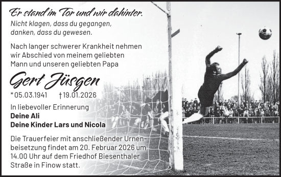 Traueranzeige von Gert Jüsgen von Märkische Oderzeitung