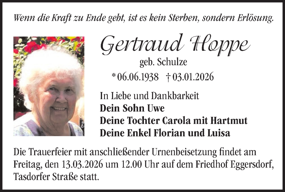  Traueranzeige für Gertraud Hoppe vom 16.01.2026 aus Märkische Oderzeitung