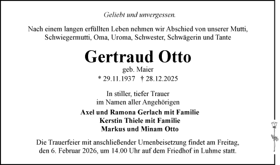 Traueranzeige von Gertraud Otto von Märkische Oderzeitung