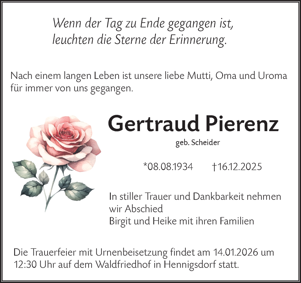  Traueranzeige für Gertraud Pierenz vom 10.01.2026 aus Märkische Oderzeitung