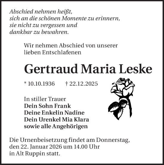 Traueranzeige von Gertraud Maria Leske von Märkische Oderzeitung
