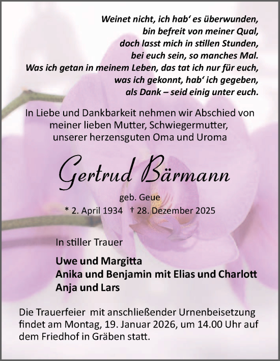 Traueranzeige von Gertrud Bärmann von Märkische Oderzeitung