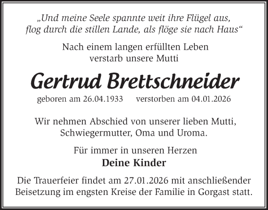 Traueranzeige von Gertrud Brettschneider von MO Oderld.-Echo