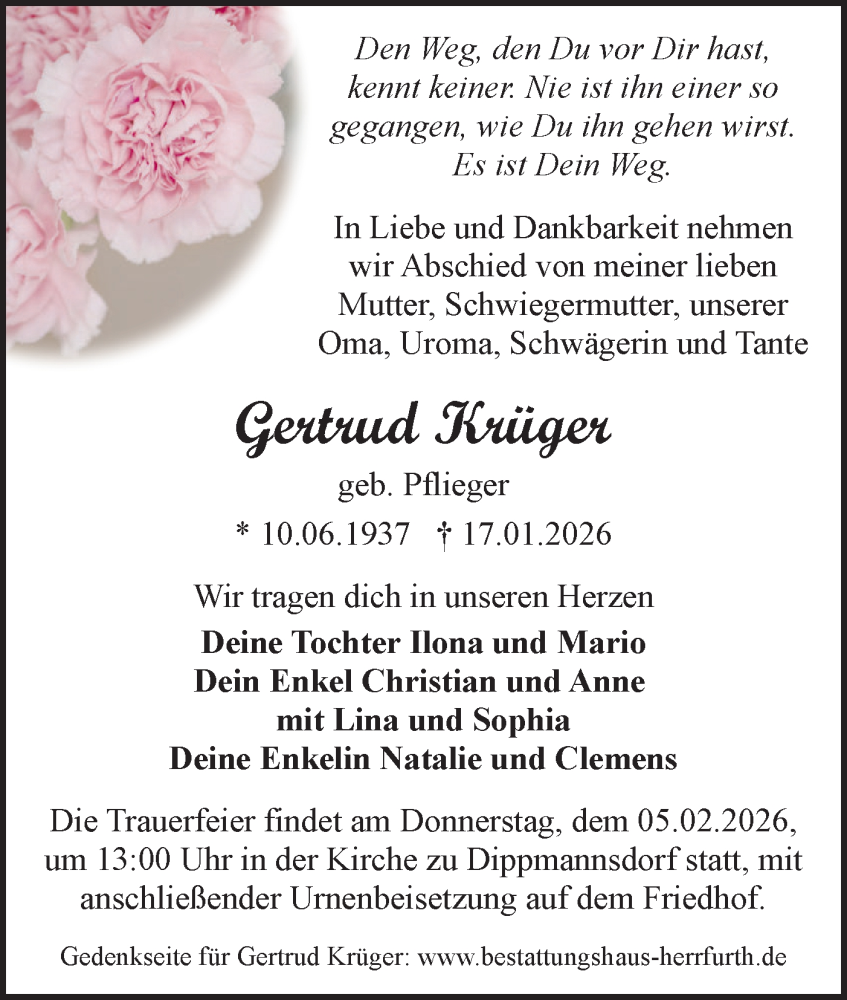  Traueranzeige für Gertrud Krüger vom 24.01.2026 aus Märkische Oderzeitung