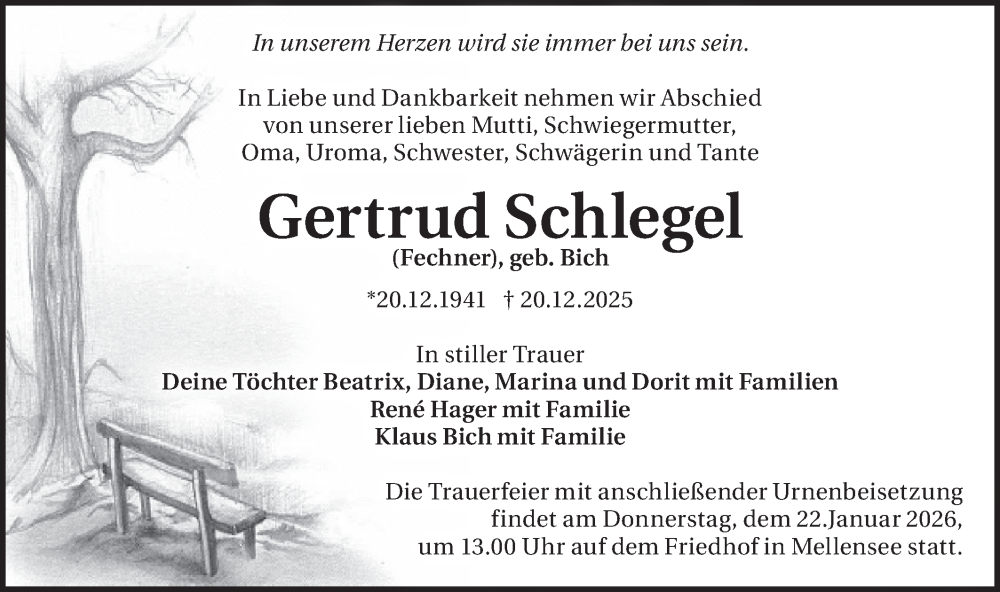  Traueranzeige für Gertrud Schlegel vom 17.01.2026 aus Blickpunkt Ludwigsfelde/Zossen