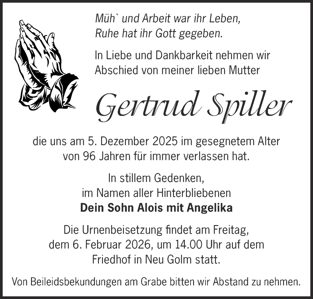  Traueranzeige für Gertrud Spiller vom 31.01.2026 aus Märkische Oderzeitung